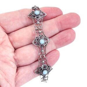 Vintage Italy MD Sterling Silver 925 Blue Glass Filigree Floral Bracelet 7”-8”